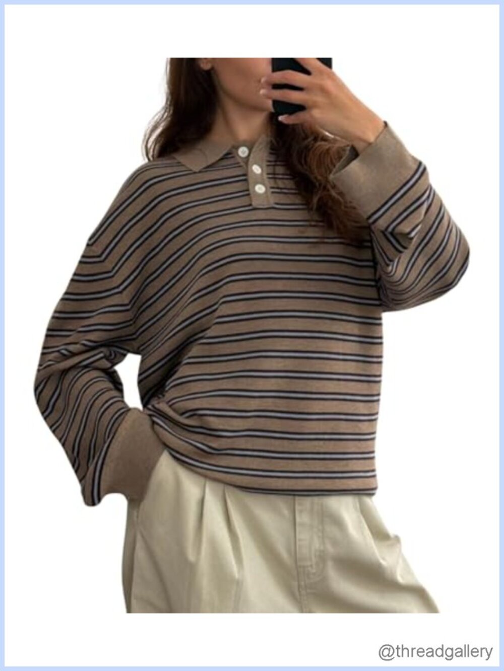Women Striped Long Sleeve Collared Rugby Shirt Oversized Preppy Pullover